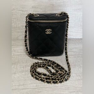 ♥️SOLD♥️ CHANEL Mini Vertical Vanity Case SLG Gold HW CC Black Caviar Leather